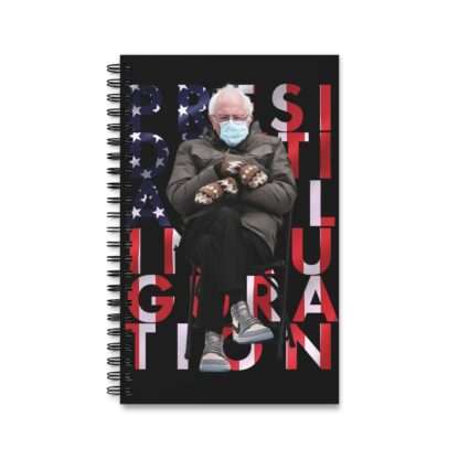 Front view of spirale notebook with Bernie Sanders mittens meme cover print