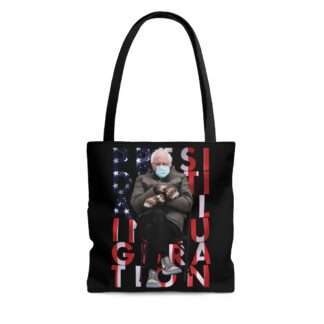 Front view of tote bag with Bernie Sanders mittens meme print