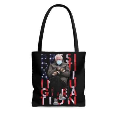 Front view of tote bag with Bernie Sanders mittens meme print