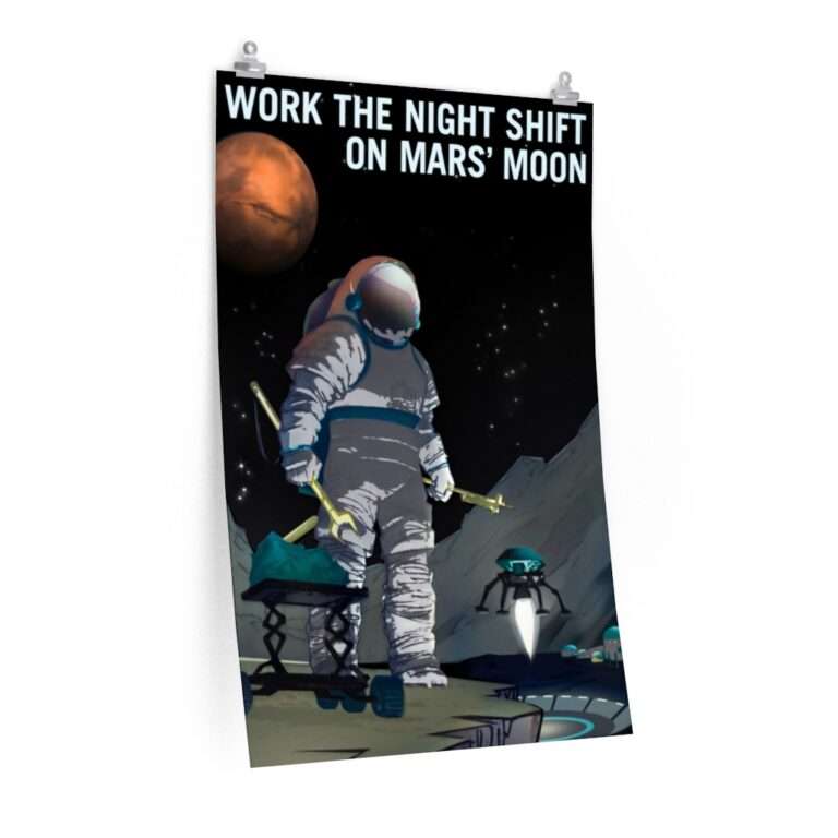 Printed poster of NASA "Work the Night Shift on Mars' Moon"