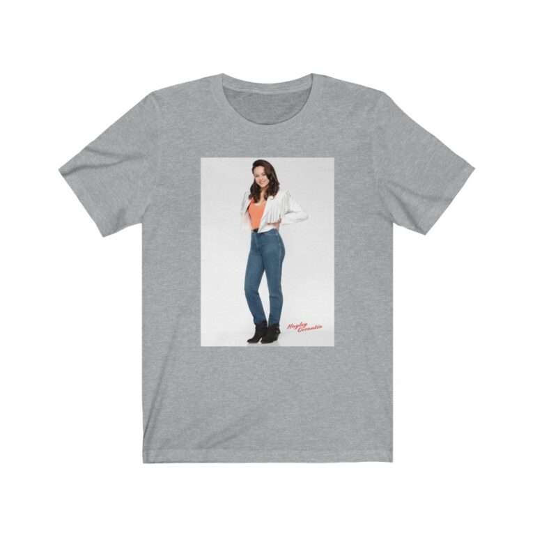 Actress Hayley Orrantia in White Jacket and Orange Top - Premium Unisex T-Shirt - Image 10