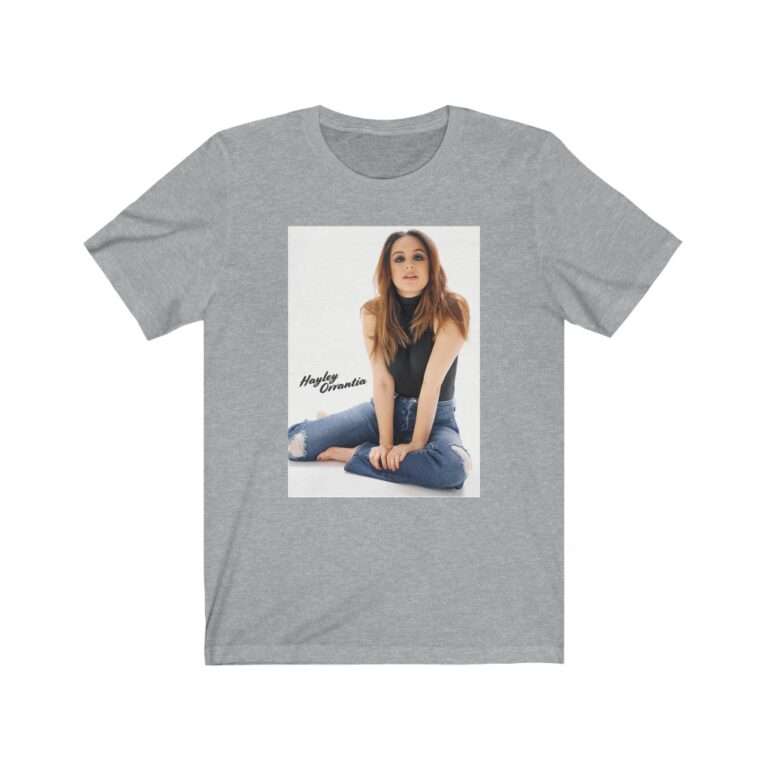 Actress Hayley Orrantia with Jeans Outfit on The Floor - Premium Unisex T-Shirt - Image 9
