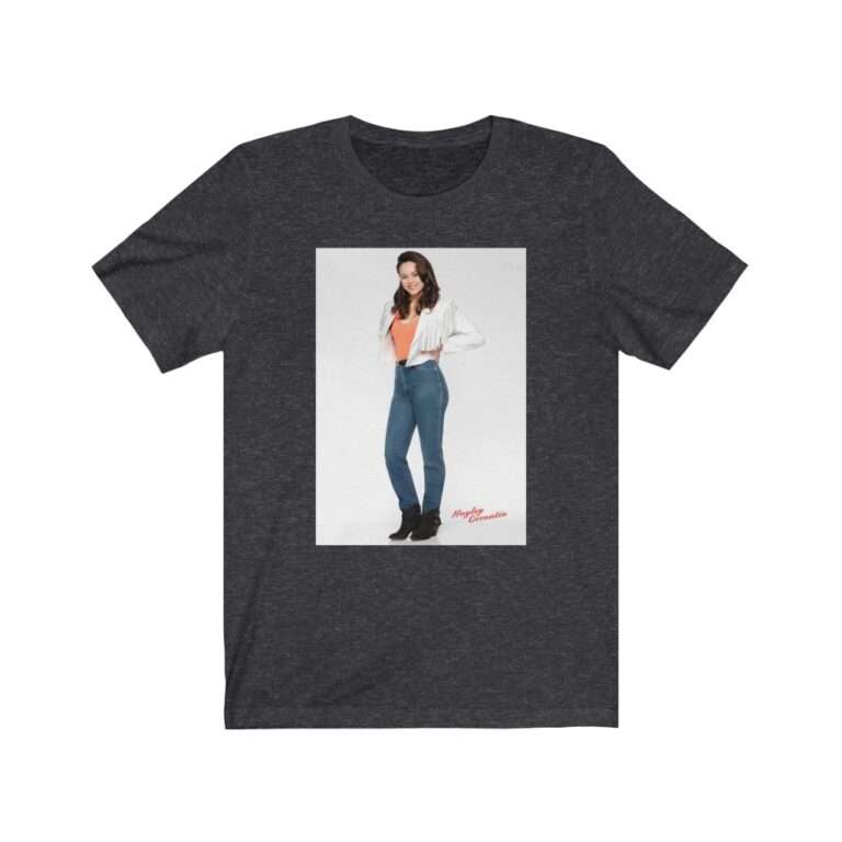 Actress Hayley Orrantia in White Jacket and Orange Top - Premium Unisex T-Shirt - Image 12