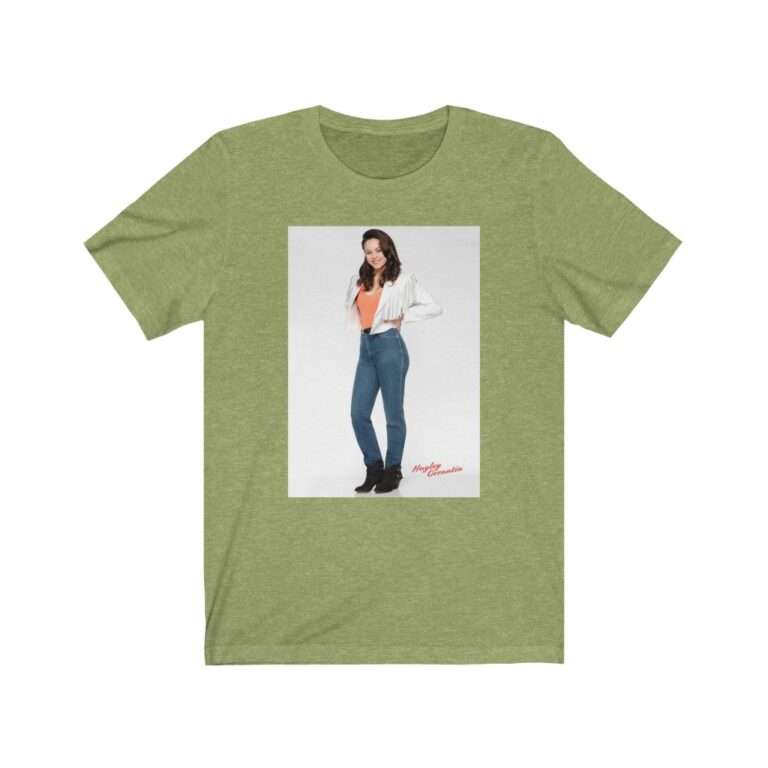 Actress Hayley Orrantia in White Jacket and Orange Top - Premium Unisex T-Shirt - Image 8