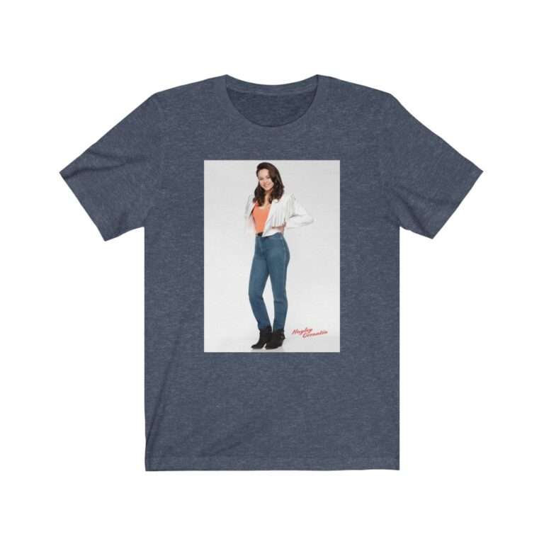Actress Hayley Orrantia in White Jacket and Orange Top - Premium Unisex T-Shirt - Image 13