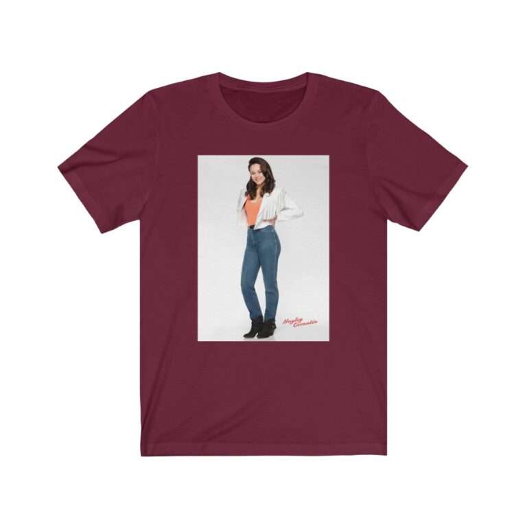 Actress Hayley Orrantia in White Jacket and Orange Top - Premium Unisex T-Shirt - Image 16