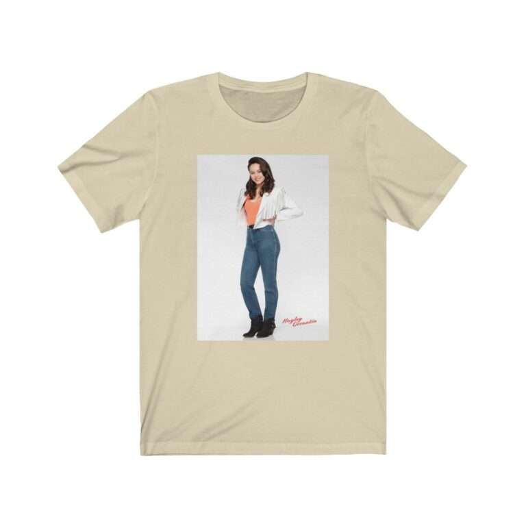 Actress Hayley Orrantia in White Jacket and Orange Top - Premium Unisex T-Shirt - Image 6