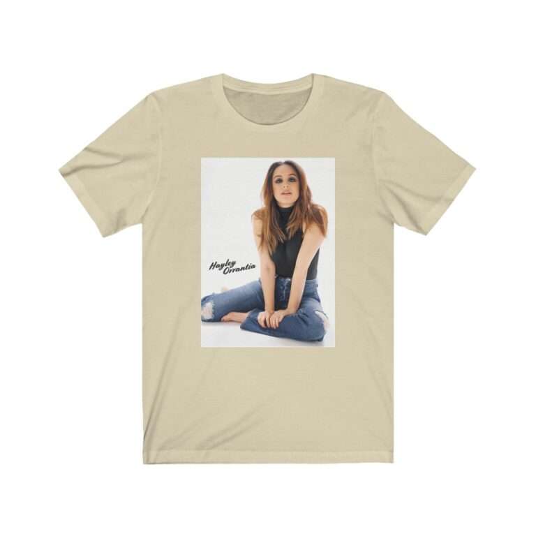 Actress Hayley Orrantia with Jeans Outfit on The Floor - Premium Unisex T-Shirt - Image 5