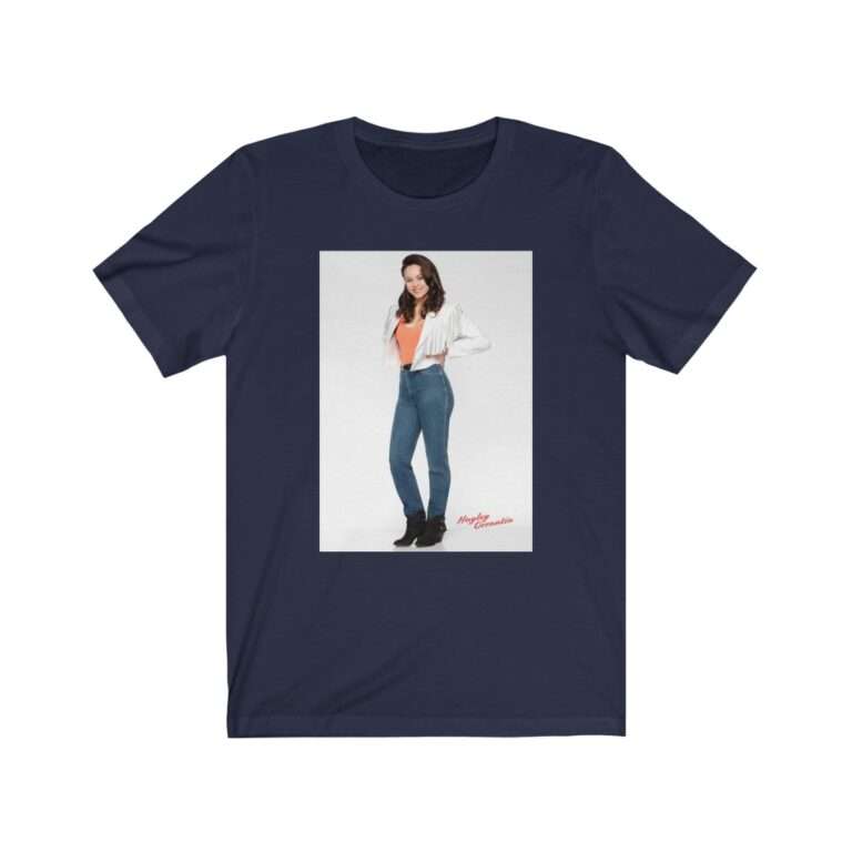 Actress Hayley Orrantia in White Jacket and Orange Top - Premium Unisex T-Shirt - Image 14