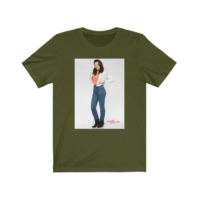 Actress Hayley Orrantia in White Jacket and Orange Top - Premium Unisex T-Shirt - Image 9