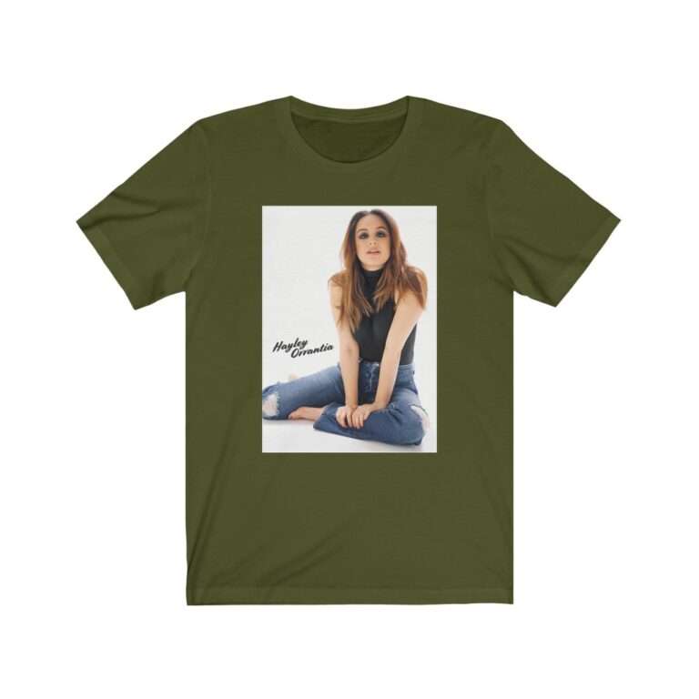 Actress Hayley Orrantia with Jeans Outfit on The Floor - Premium Unisex T-Shirt - Image 8