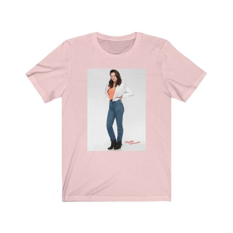 Actress Hayley Orrantia in White Jacket and Orange Top - Premium Unisex T-Shirt - Image 4
