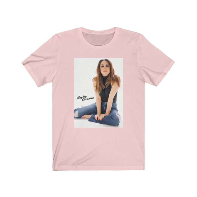 Actress Hayley Orrantia with Jeans Outfit on The Floor - Premium Unisex T-Shirt - Image 3