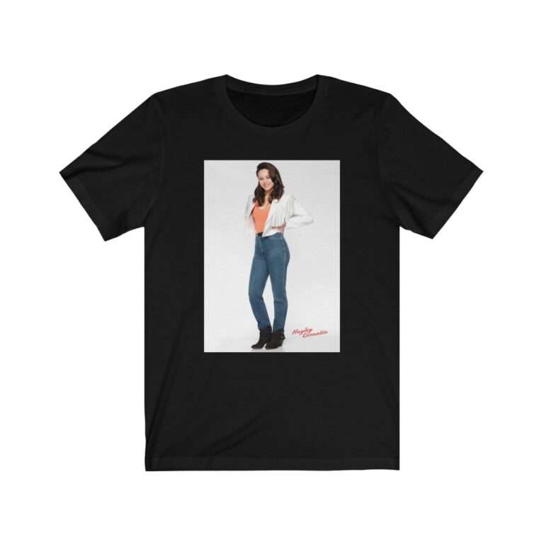 Actress Hayley Orrantia in White Jacket and Orange Top - Premium Unisex T-Shirt - Image 5