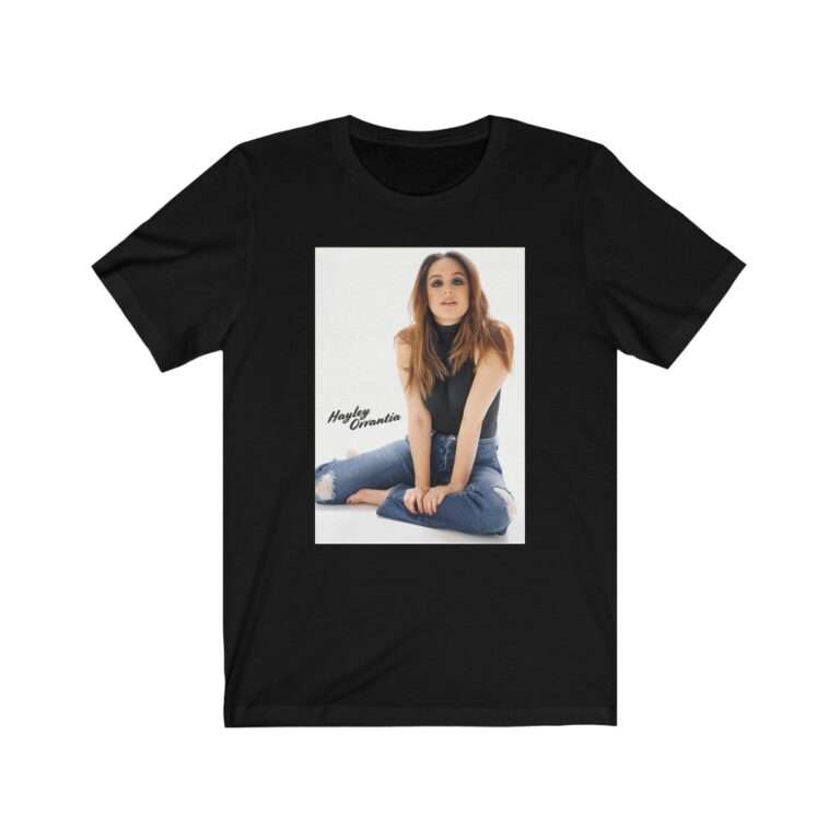 Actress Hayley Orrantia with Jeans Outfit on The Floor - Premium Unisex T-Shirt - Image 4