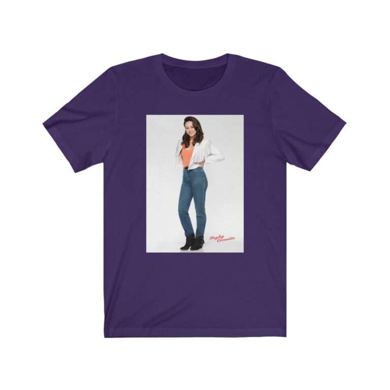 Actress Hayley Orrantia in White Jacket and Orange Top - Premium Unisex T-Shirt - Image 15