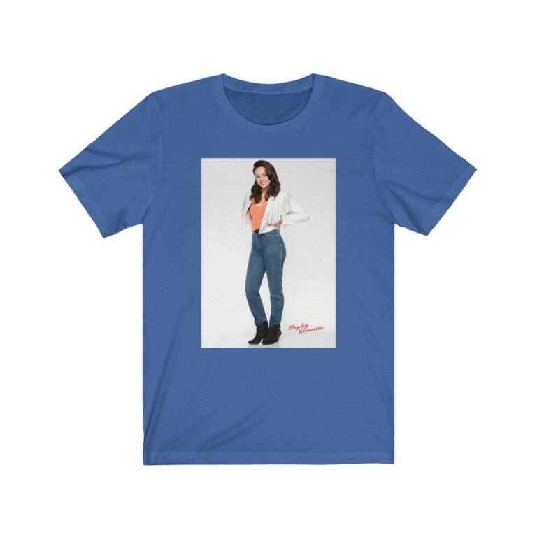 Actress Hayley Orrantia in White Jacket and Orange Top - Premium Unisex T-Shirt - Image 11