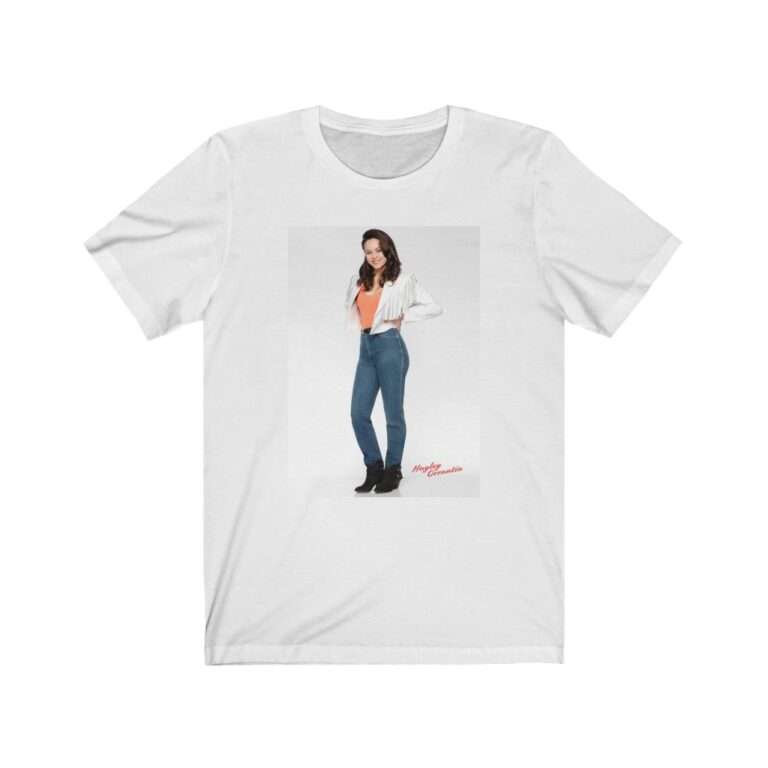 Actress Hayley Orrantia in White Jacket and Orange Top - Premium Unisex T-Shirt - Image 2