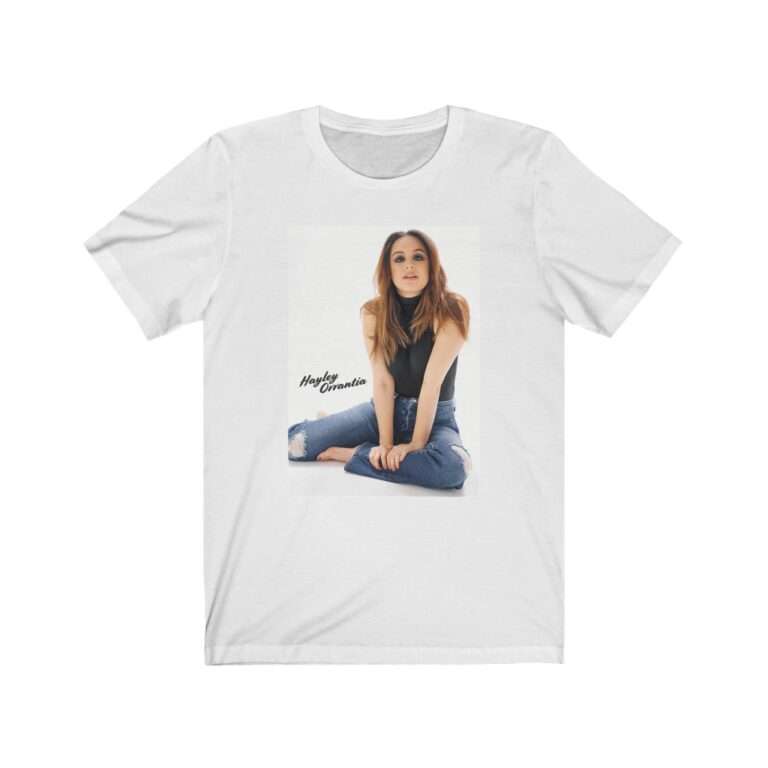 Actress Hayley Orrantia with Jeans Outfit on The Floor - Premium Unisex T-Shirt - Image 2