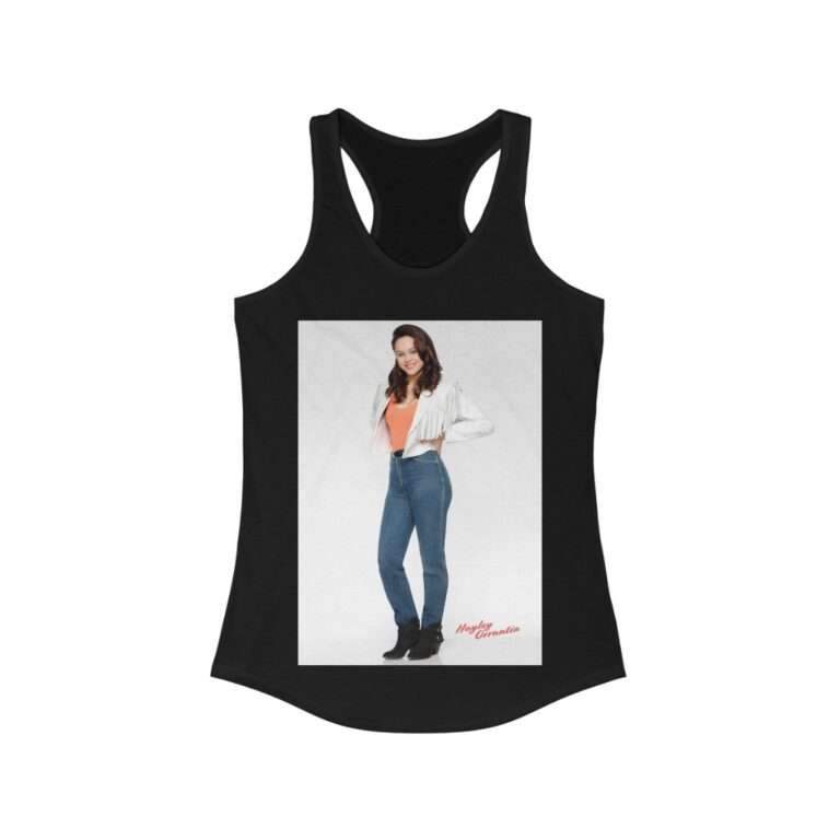 Actress Hayley Orrantia in White Jacket and Orange Top - Women's Racerback Tank - Image 3