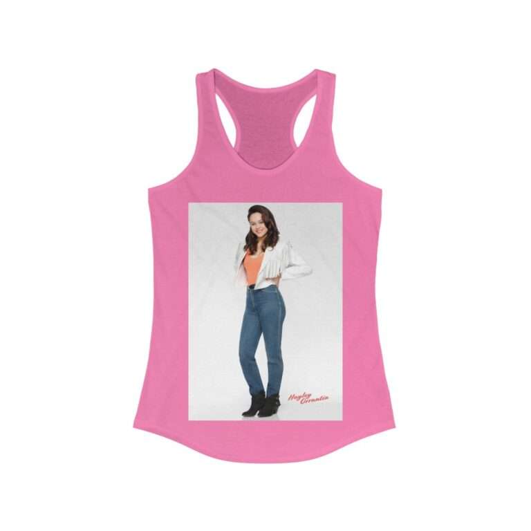 Actress Hayley Orrantia in White Jacket and Orange Top - Women's Racerback Tank - Image 13