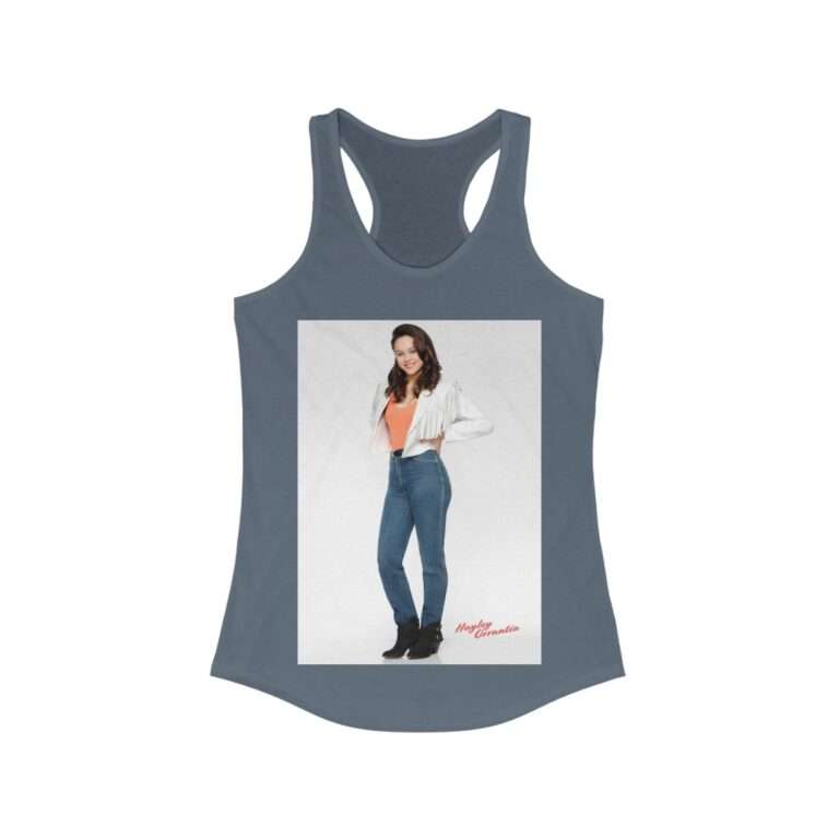 Actress Hayley Orrantia in White Jacket and Orange Top - Women's Racerback Tank - Image 9