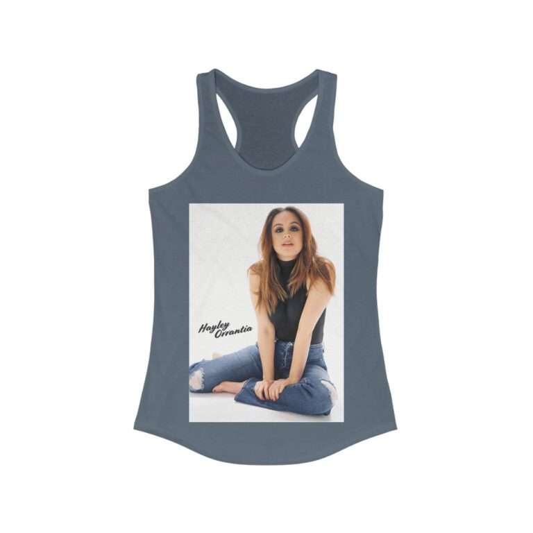 Actress Hayley Orrantia with Jeans Outfit on The Floor - Women's Racerback Tank - Image 9