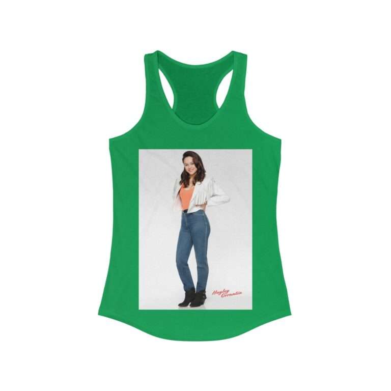 Actress Hayley Orrantia in White Jacket and Orange Top - Women's Racerback Tank - Image 7
