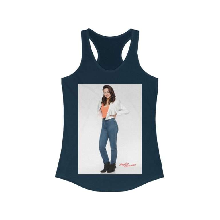 Actress Hayley Orrantia in White Jacket and Orange Top - Women's Racerback Tank - Image 11