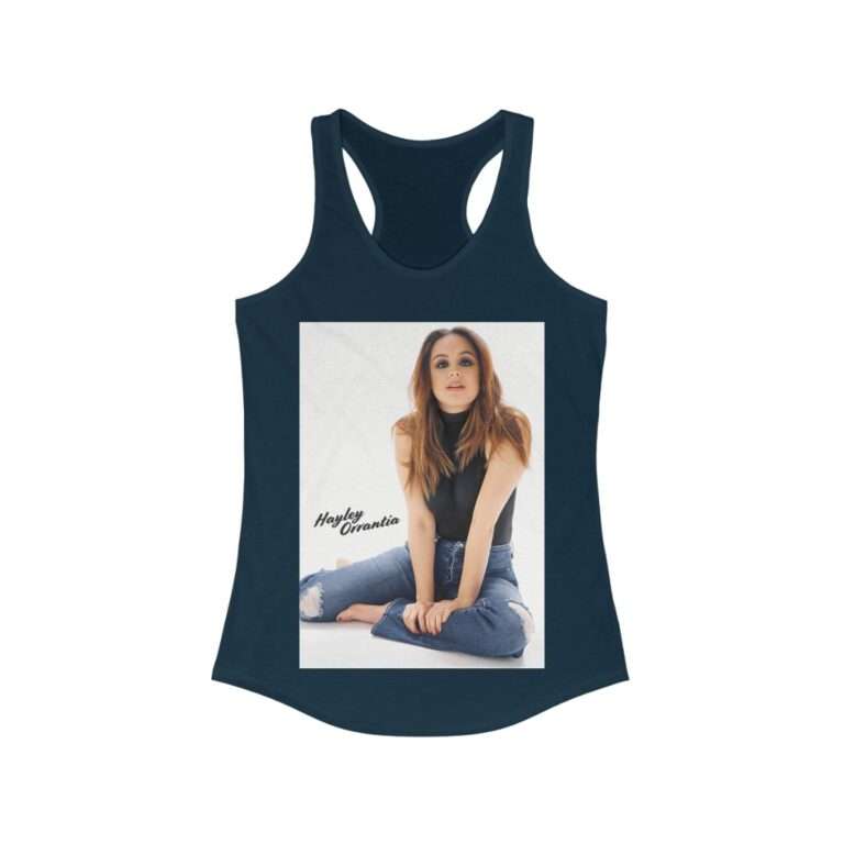 Actress Hayley Orrantia with Jeans Outfit on The Floor - Women's Racerback Tank - Image 11