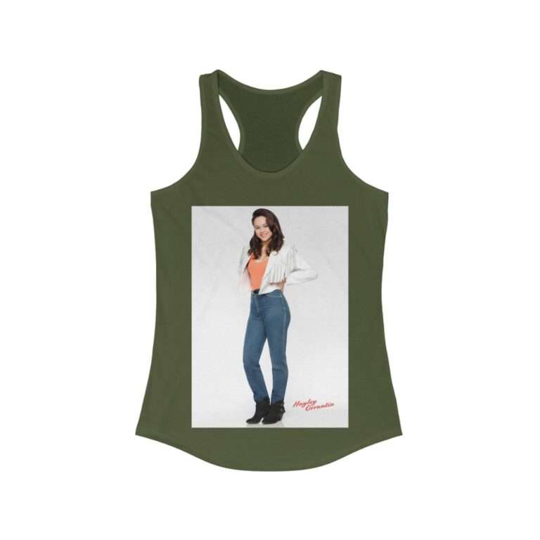 Actress Hayley Orrantia in White Jacket and Orange Top - Women's Racerback Tank - Image 5