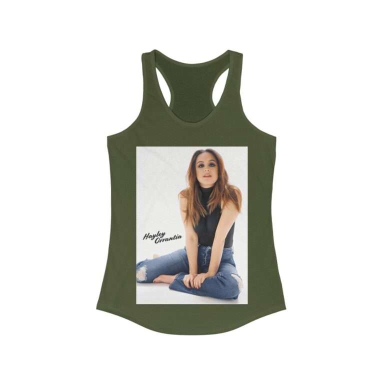 Actress Hayley Orrantia with Jeans Outfit on The Floor - Women's Racerback Tank - Image 5