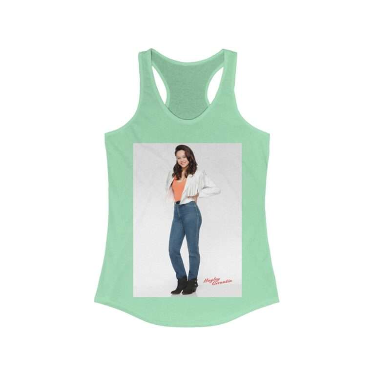 Actress Hayley Orrantia in White Jacket and Orange Top - Women's Racerback Tank - Image 6