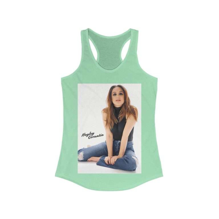 Actress Hayley Orrantia with Jeans Outfit on The Floor - Women's Racerback Tank - Image 6