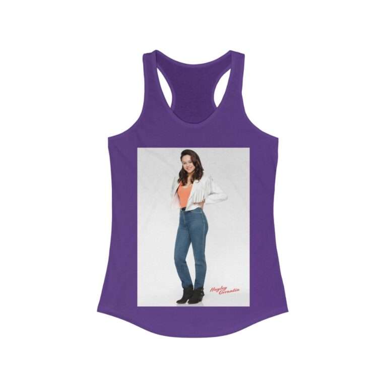 Actress Hayley Orrantia in White Jacket and Orange Top - Women's Racerback Tank - Image 12