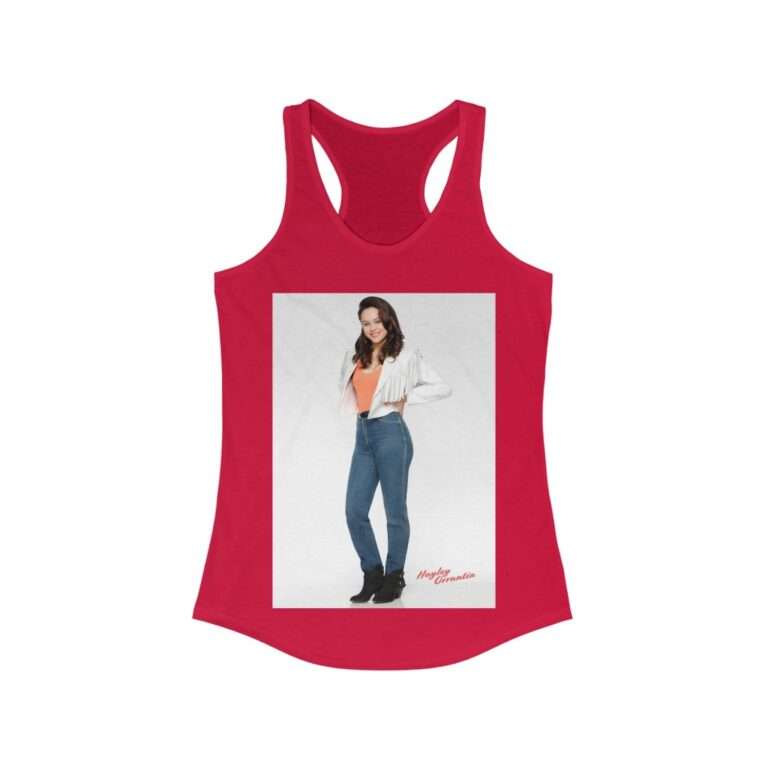 Actress Hayley Orrantia in White Jacket and Orange Top - Women's Racerback Tank - Image 15