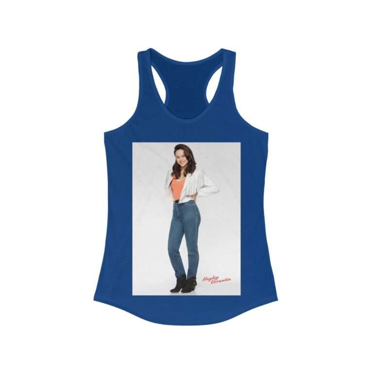Actress Hayley Orrantia in White Jacket and Orange Top - Women's Racerback Tank - Image 10