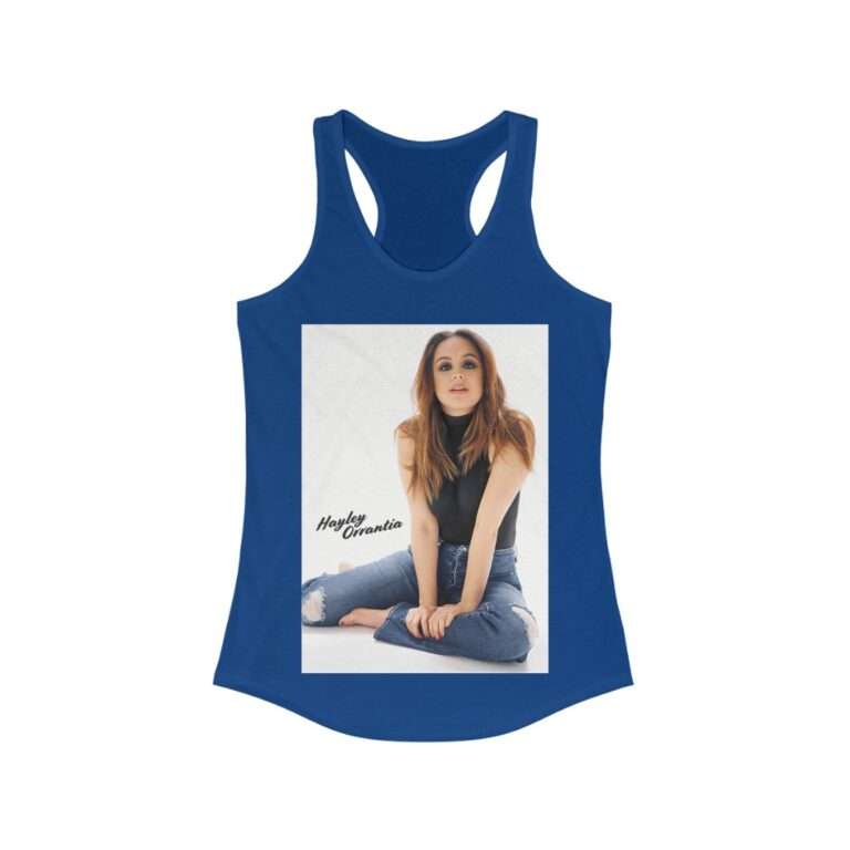 Actress Hayley Orrantia with Jeans Outfit on The Floor - Women's Racerback Tank - Image 10