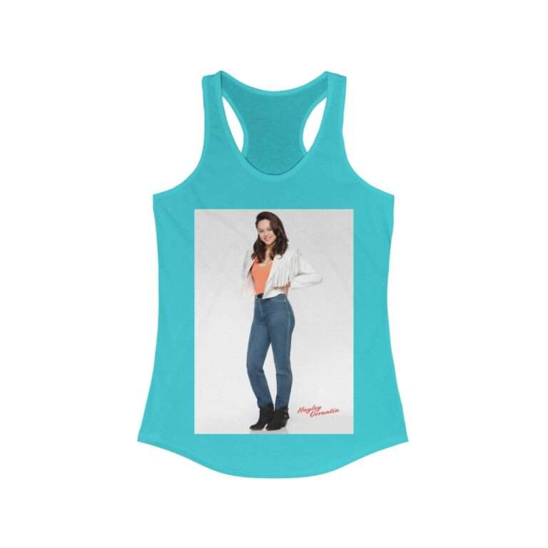 Actress Hayley Orrantia in White Jacket and Orange Top - Women's Racerback Tank - Image 8