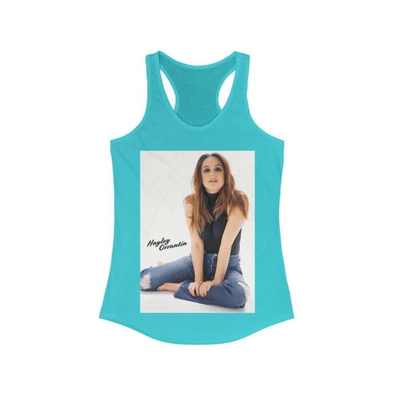 Actress Hayley Orrantia with Jeans Outfit on The Floor - Women's Racerback Tank - Image 8