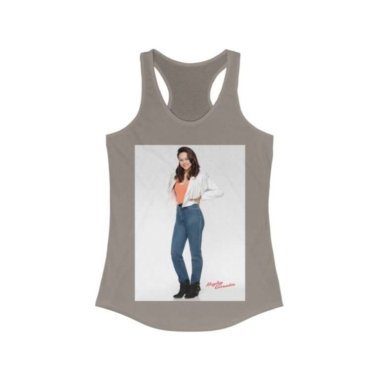 Actress Hayley Orrantia in White Jacket and Orange Top - Women's Racerback Tank - Image 4