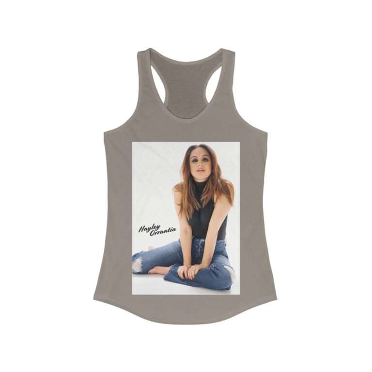 Actress Hayley Orrantia with Jeans Outfit on The Floor - Women's Racerback Tank - Image 4