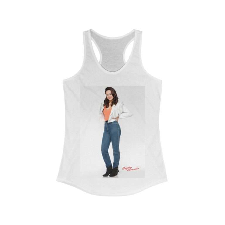 Actress Hayley Orrantia in White Jacket and Orange Top - Women's Racerback Tank - Image 2