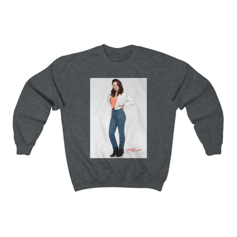 Actress Hayley Orrantia in White Jacket and Orange Top - Sweatshirt - Image 8