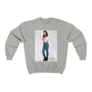 Actress Hayley Orrantia in White Jacket and Orange Top - Sweatshirt