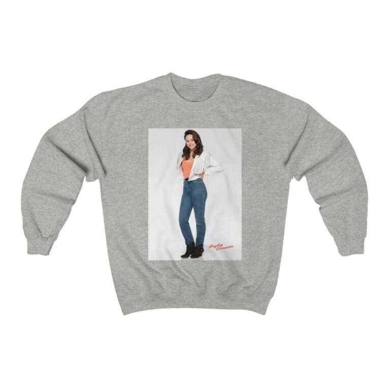 Actress Hayley Orrantia in White Jacket and Orange Top - Sweatshirt