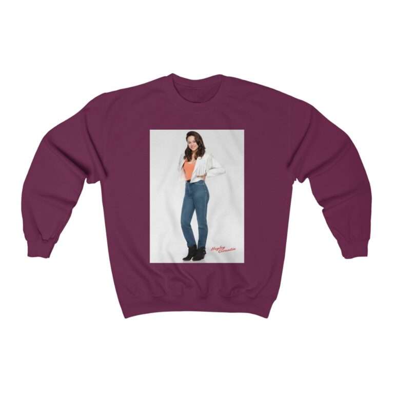 Actress Hayley Orrantia in White Jacket and Orange Top - Sweatshirt - Image 14