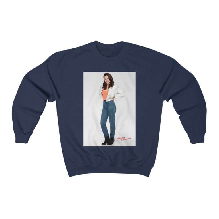Actress Hayley Orrantia in White Jacket and Orange Top - Sweatshirt - Image 11