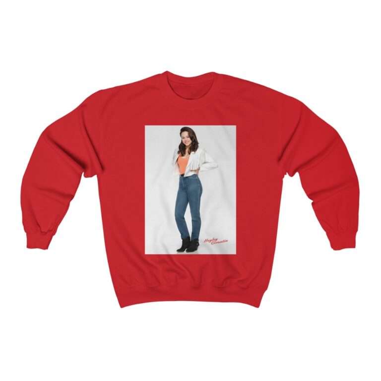 Actress Hayley Orrantia in White Jacket and Orange Top - Sweatshirt - Image 15