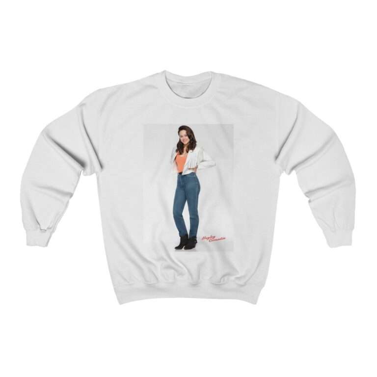 Actress Hayley Orrantia in White Jacket and Orange Top - Sweatshirt - Image 2